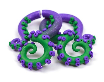 Purple and Green Ombre Tentacle Earrings with Glitter Tentacle Gauges Fake Gauge Earrings Fake Plugs Octopus Faux Tapers and Real Ear Gauges