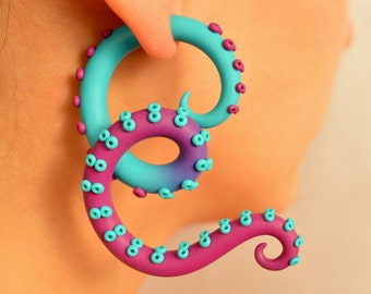 Octopus Tentacles Earrings / Fakers - Faux Gauges and Earrings for Stretched Lobes or Ear Plugs - Gauges, Ombre Gauges, Color Fade, Clay