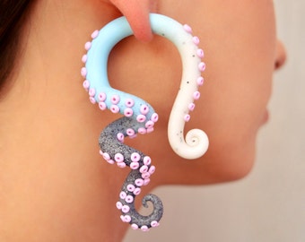 Mermaid Earrings Tentacle Earrings Octopus Fake Plugs and Ear Plugs 2g 1g 0g 00g 000g 7/16 Fake Gauge Earrings