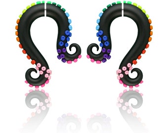 Rainbow Fake Gauge Earrings Rave Earrings Rave Outfit Edc Outfit Pride Earrings Rainbow Octopus Tentacles Gauges 2g 1g 0g 00g 000g 7/16