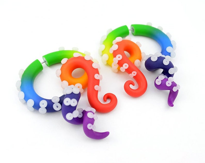 Rainbow Tentacle Ear Plugs Rave Earrings Rave Outfit Edc Etsy