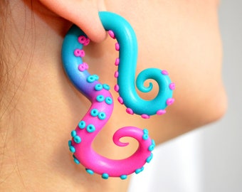 Cyber Goth Kraken Fake Gauge Earrings Visual Kei Ear Plugs Salander Octopus Gauge, Tentacles Gauge, Earrings Fake Gauges | 78162