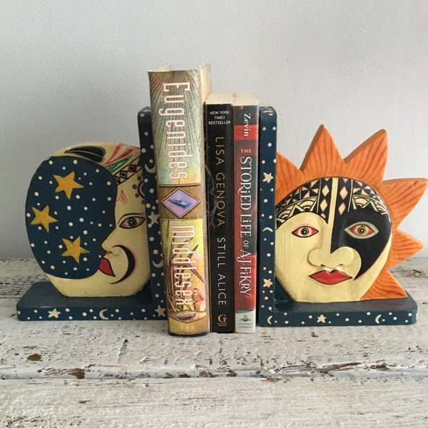 Vintage Hand Painted Wooden Hippie Style Bookends, Hand Painted, Relief Carved Sun &  Moon Bookends, Bohemian Bookends