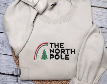 EMBROIDERED The North Pole Christmas Crewneck / Funny Christmas Sweater / Snowman Baby Pink Christmas Shirt / Embroidered Crewneck / Trendy