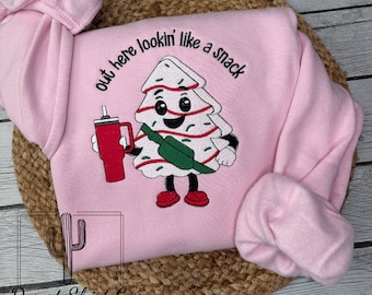 EMBROIDERED Lookin Like a Snack Christmas Crewneck / Funny Christmas Sweater / Snowman Baby Pink Christmas Shirt / Embroidered Crewneck