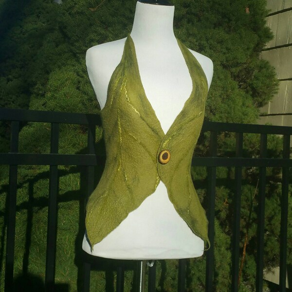 Felted Woodland Fairy Halter Top in Shades of Green. Elven Pixie Top. Leaf Pixie Top.  Festival Wear.  Burning Man.  Woodland Waistcoat.