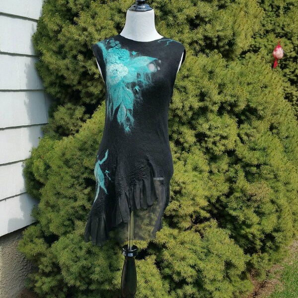 Nuno Felted Sleeveless Tunic In Black and Teal Silk and Merino Wool. Unique Felted Wearable Art Clothing. Floral Sleeveless Boho Blouse.