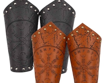 May include: Three leather arm guards with a Vegvisir symbol and runes. The arm guards are brown and black with silver studs.