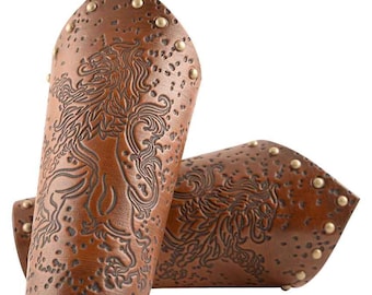 Rampant Lion Leather Arm Bracers - Medieval Leather Bracers - Leather Vambraces  - #DK6098