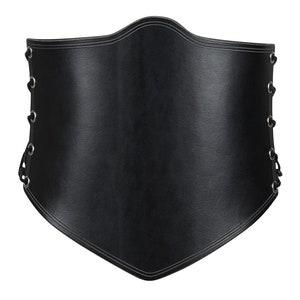 May include: A black leather corset with white stitching and silver eyelets. The corset has a pointed bottom and laces up the sides.