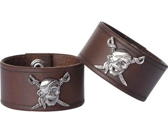 Leather Wrist Cuffs with Pirate Skull - Pirate Accessory - #DK6019-12