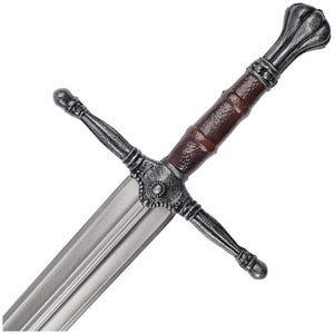 May include: A silver and brown sword with a leather grip and a decorative pommel. The blade is straight and double-edged.
