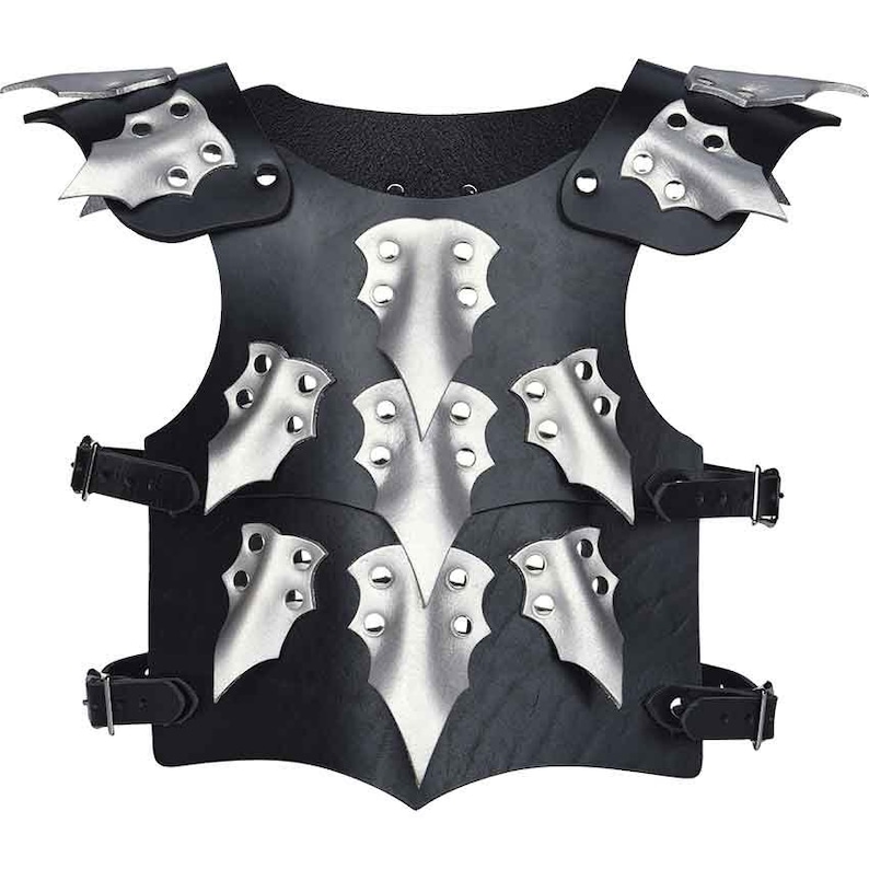May include: Black leather armor with silver accents in the shape of bats. The armor has straps and buckles for fastening.