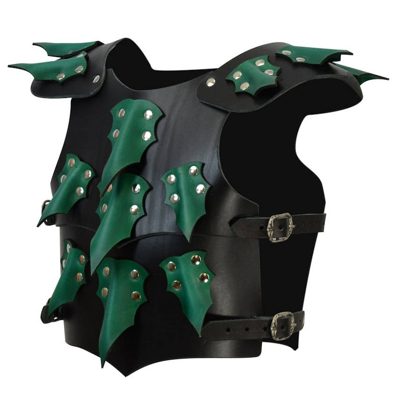 May include: Black leather armor with green leather dragon scales. The armor has straps and buckles.