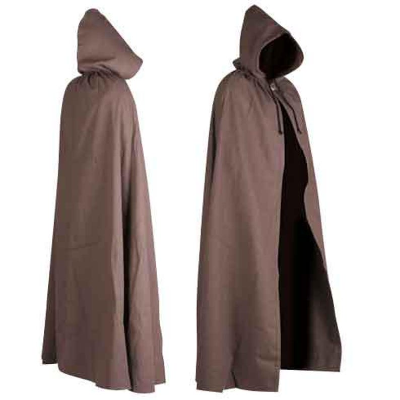 May include: A brown hooded cloak with a long, flowing design. The cloak is made of a soft, comfortable fabric and has a simple, elegant style.