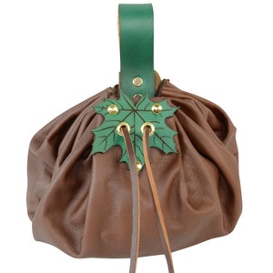 Large Round Pouch with Leaf Closure for SCA, LARP, Cosplay, Reenactment - #DK7117