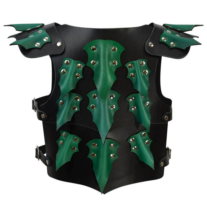May include: Black leather armor with green leather accents and metal studs. The armor has a dragon scale design.
