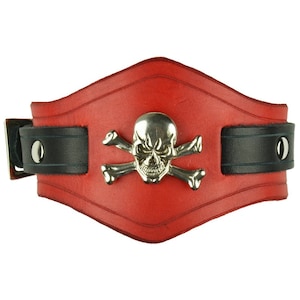 Jolly Roger Leather Wrist Cuffs - Leather Pirate Bracelet #DK6032