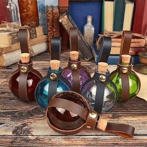 Round Glass Bottle with Holder, Glass Potion Bottle with Leather Belt Holder, Potion Bottle with Cork, Alchemist Potion Bottles - #DK1028