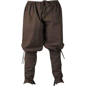 K&ouml;nnte beinhalten: Braune mittelalterliche Hose mit Kordelzug in der Taille und gerafften B&uuml;ndchen. Die Hose hat eine lockere Passform an den Oberschenkeln und einen eng anliegenden Unterschenkel. Der Stoff scheint ein mittelschweres Material zu sein, das sich f&uuml;r historische Nachstellungen oder Kost&uuml;me eignet.
