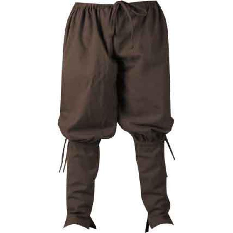 K&ouml;nnte beinhalten: Braune mittelalterliche Hose mit Kordelzug in der Taille und gerafften B&uuml;ndchen. Die Hose hat eine lockere Passform an den Oberschenkeln und einen eng anliegenden Unterschenkel. Der Stoff scheint ein mittelschweres Material zu sein, das sich f&uuml;r historische Nachstellungen oder Kost&uuml;me eignet.
