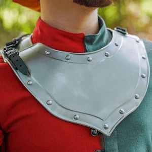 May include: A silver metal neck guard with a rounded shape and a strap. The guard has a smooth surface and is decorated with rivets.