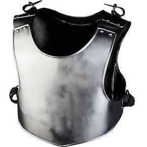 May include: A polished steel breastplate featuring a curved chest piece with a smooth metallic finish. The armor includes black leather straps with metal buckles at the shoulders and sides, secured with visible rivets along the edges.