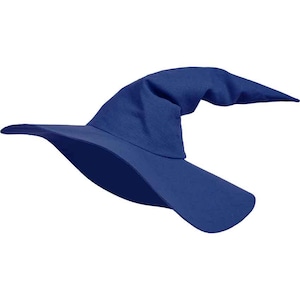 Op de afbeelding: Een blauwe tovenaarshoed met een brede rand en een hoge, puntige kroon.