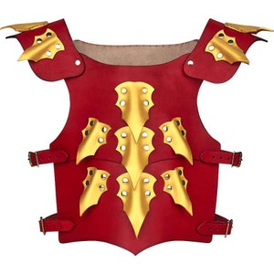May include: Red leather armor with gold accents. The armor has a pointed design and is secured with straps.