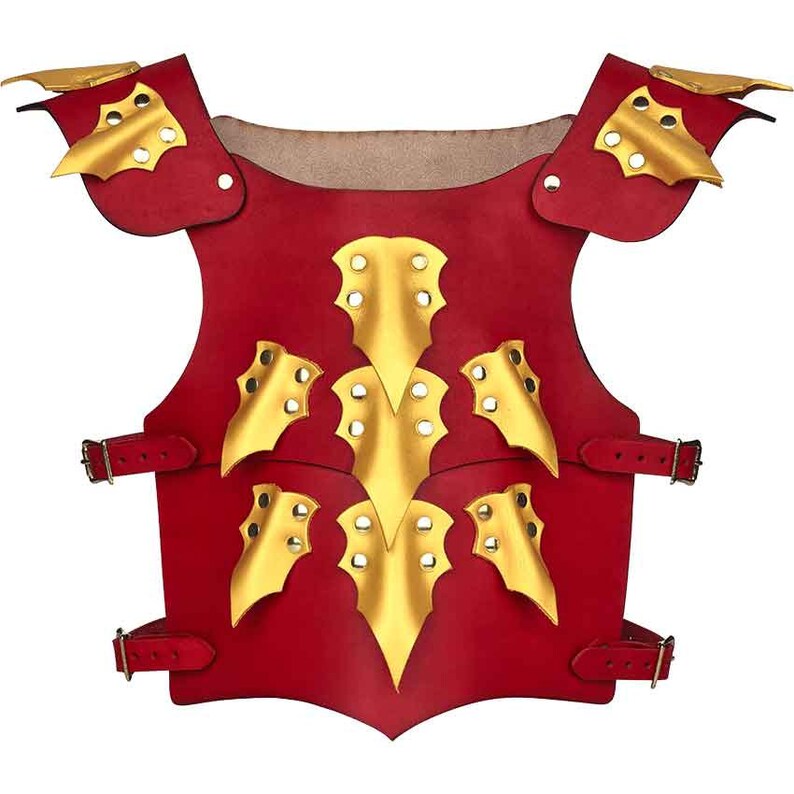 May include: Red leather armor with gold accents. The armor has a pointed design and is secured with straps.