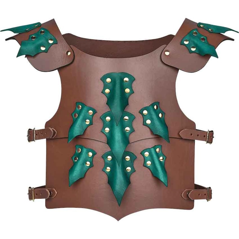 May include: Brown leather armor with green leather dragon scales and gold accents.
