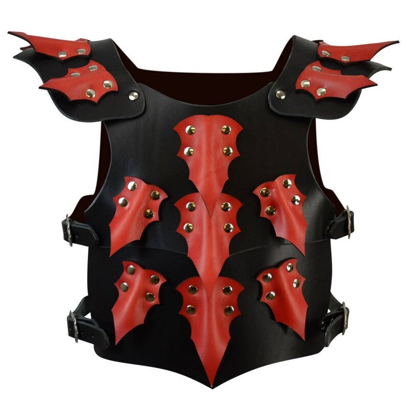 May include: Black leather armor with red leather bat-shaped accents and silver studs. The armor has straps on the sides.