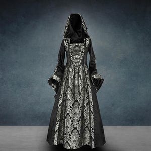 Alluring Damsel Dress with Hood – Black with Silver, Medieval Fantasy Dress, Hooded Renaissance Dress, Sorceress Dress