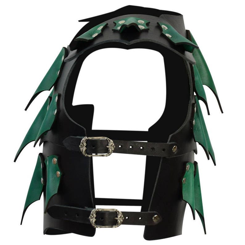 May include: Black leather armor with green dragon scale accents. The armor has two straps with silver buckles.