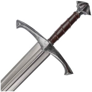 May include: A silver sword with a brown leather-bound handle and a crossguard. The blade features a double fuller design. The pommel is a faceted shape. The sword is set against a white background.