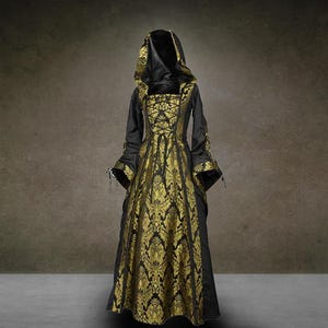 Alluring Damsel Dress with Hood – Black with Gold, Medieval Fantasy Dress, Hooded Renaissance Dress, Sorceress Dress
