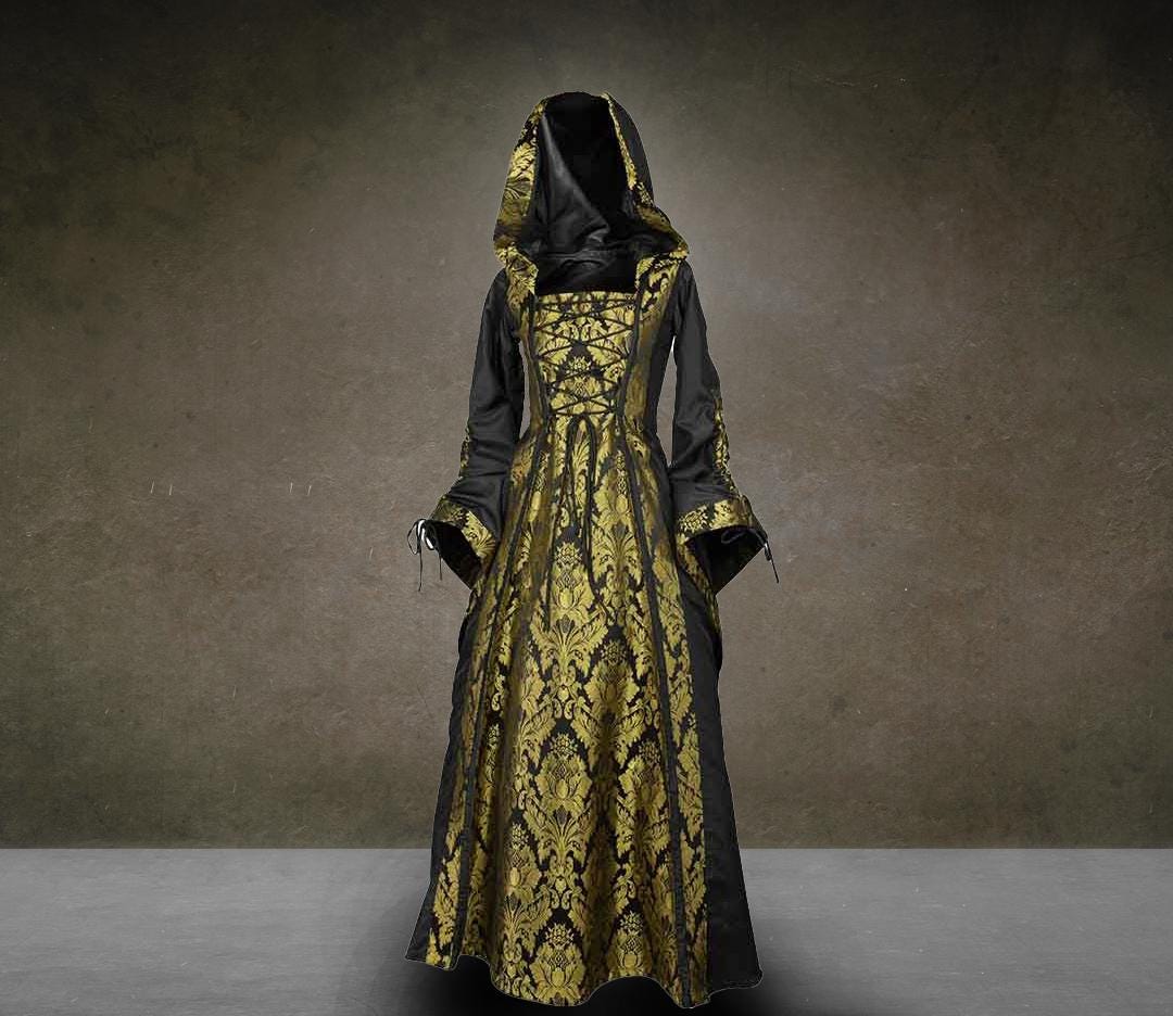 Alluring Damsel Dress With Hood Black With Gold, Medieval Fantasy Dress, Hooded Renaissance Dress, Sorceress Dress - Etsy Alluring Damsel Dress With Hood Black With Gold, Medieval Fantasy Dress, Hooded Renaissance Dress, Sorceress Dress - Etsy