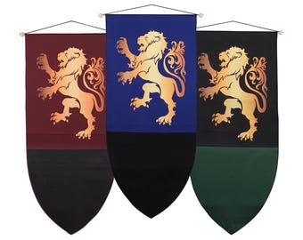 Stendardo medievale con leone rampante, stendardo medievale, stendardo da parete, stendardi da fiera rinascimentale, decorazioni per castelli, stendardo con leone araldico