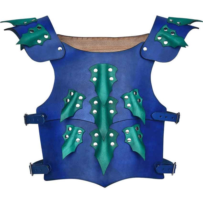 May include: Blue leather armor with green leather scales and metal accents. The armor has straps and buckles.