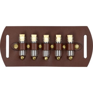 May include: A brown leather belt with six small glass vials with cork stoppers. The vials are held in place by metal rings and are attached to the belt.