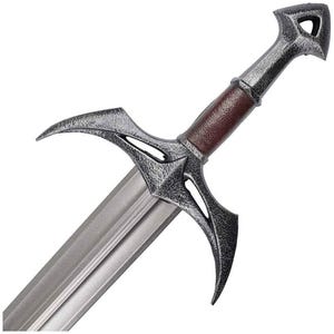 May include: A silver and brown sword with a curved blade and a textured handle. The sword has a unique design with a curved guard and a pointed tip.