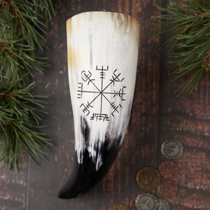 Vegvisir Viking Drinking Horn, Medieval Drinking Horn, Mead Drinking Horn, Large Drinking Horn, Viking Accessory, Ren Fair Accessory