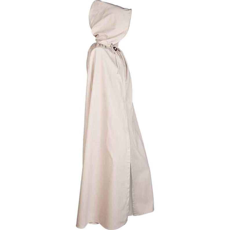 May include: A white hooded cloak with a long, flowing design. The cloak has a simple, elegant style and is made of a lightweight fabric.