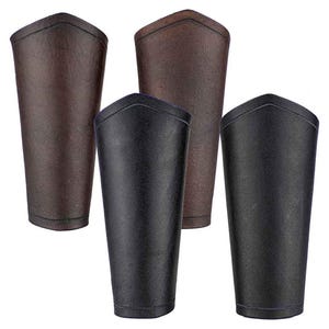 May include: Three leather arm guards in brown, black, and dark brown. The arm guards are made of a textured leather and have a pointed top.