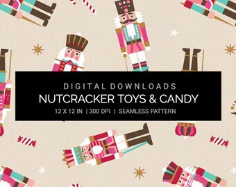 Christmas Nutcracker Toy and Candy - Natural Paper - Seamless Pattern Digital Paper