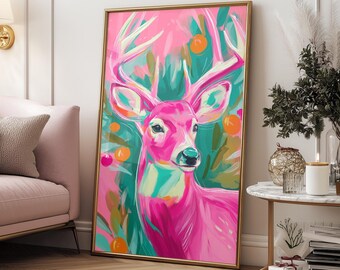 Reindeer Art Print - Christmas Digital Downloads in Pink and Aquamarine Style