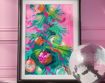 Digital Download Colorful Pink Christmas Tree Ornaments Art Print for Holiday Decor