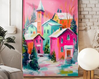 Digital Download Christmas Village Art Print in Pink, Aqua, and Orange - Festive Decor