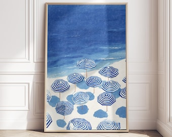 Coastal Watercolor Print, Beach Umbrellas Blue White (Digital Download)