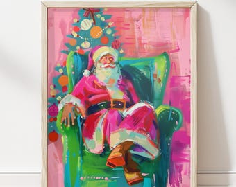 Vibrant Pink Santa Christmas Painting - Colorful Digital Downloads Art Decor